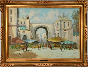 20th Century Italian School, De Paoli, oil on canvas, signed lower left, Market square scene, 20" x
