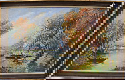 Eugene Demester (French Born 1914) oil on canvas, French Fall River Landscape, canvas 23 x 39 inches