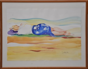 American School, watercolor on paper, signed Dorothy Fox lower right, women laying on beach, 30" x