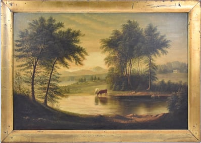 19th Century Landscape, oil on canvas, Glimpses in New Hampshire, cows watering in valley, signed
