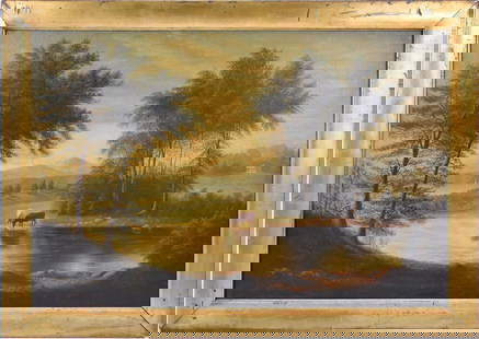 19th Century Landscape, oil on canvas, Glimpses in New Hampshire, cows watering in valley, signed: 19th Century Landscape, oil on canvas, Glimpses in New Hampshire, cows watering in valley, signed "Douglas /04" 1904? canvas 20 x 30 inches, frame size 24" x 34"