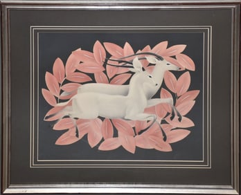 Framed signed art deco airbrush Gazelles by Bernard, 15-1/2 x 17-1/2 inches. Overall framed size 23