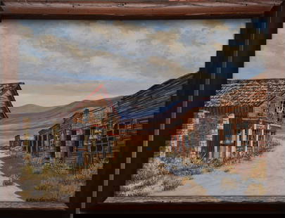 W. Harold Hancock (American, 1920-2006) Historic Ghost Town, Belmont Nevada oil on Masonite, sight: W. Harold Hancock (American, 1920-2006) Historic Ghost Town, Belmont Nevada oil on Masonite, sight size 24 x 18 inches, overall frame 27 x 21 inches.
