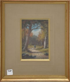 Gouache signed lower right Mirberg ? Wooded path man with dogs. 8 x 5-1/4 inches overall framed