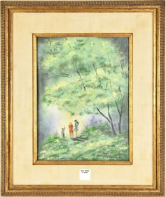 Enamel on Copper by Mingolla, kids in woods 9 x 12 inches. In Gilt frame - overall size 18 x 15