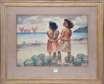 John Lavalle (AMERICAN, 1896–1971), watercolor, "Waiting for fishing fleet", signed lower right
