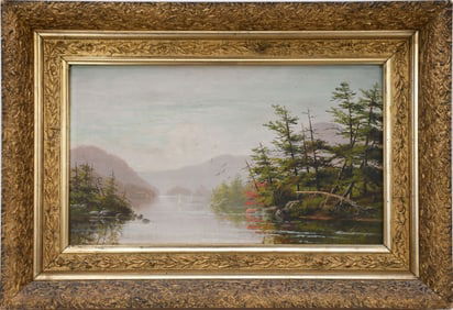 Antique Painting oil on board Mountain Lake scene with trees, unsigned, 18 x 10 1/4 sight size,