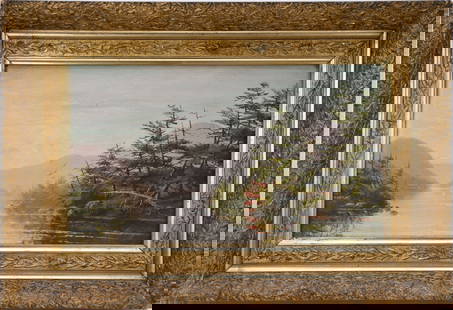 Antique Painting oil on board Mountain Lake scene with trees, unsigned,  18 x 10 1/4 sight size,: Antique Painting oil on board Mountain Lake scene with trees, unsigned, 18 x 10 1/4 sight size, frame 24 1/4 x 16 5/8 inches