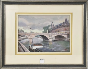 Signed lower right Waltz Young, gouache on paper, "Le Port St. Michel, Paris" lower right, 8 1/4" x