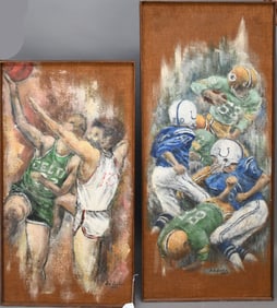 2 Paintings by Lois Levitan (20th Century) oil on burlap, One of Celtics Game and One of Colts and