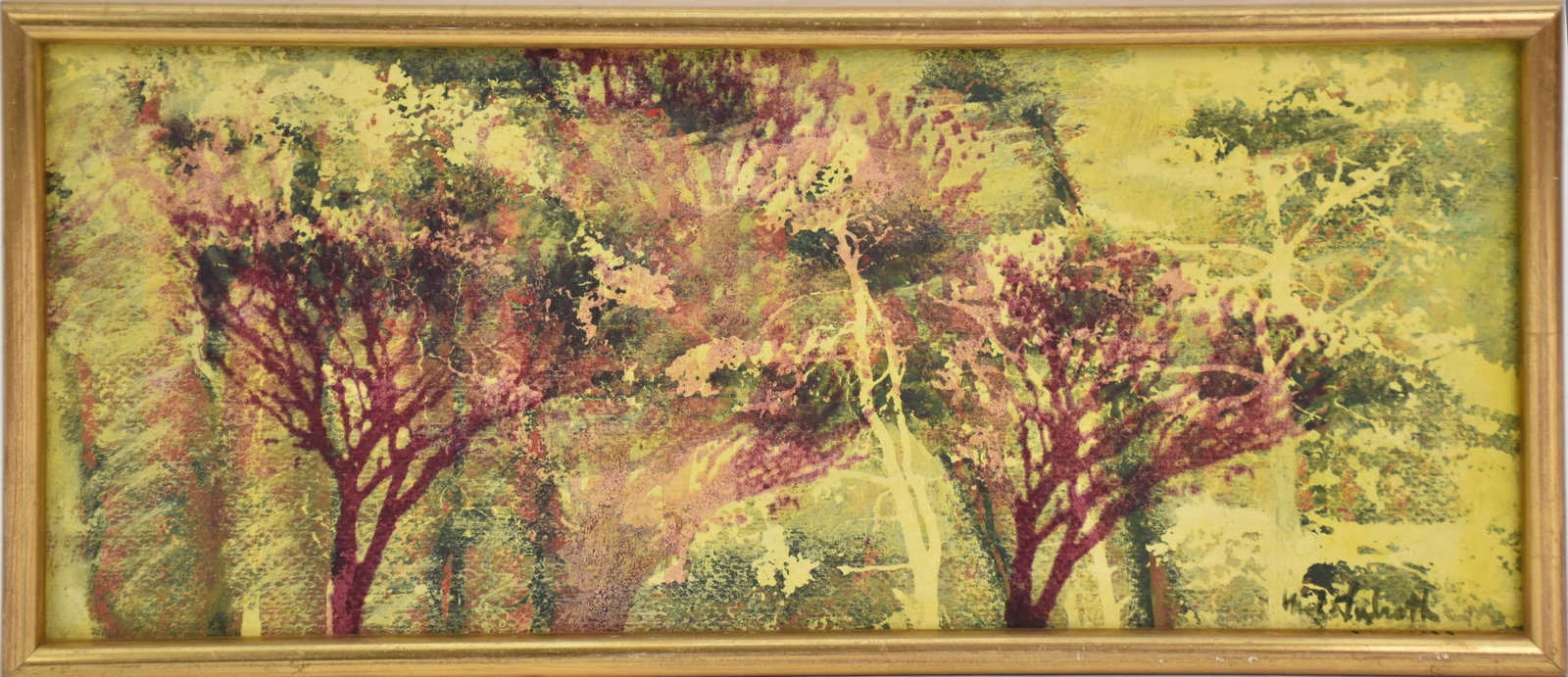 Mil Lubroth (20th Century) was active/lived in New York / France, oil on board Tree's in greens and: Mil Lubroth (20th Century) was active/lived in New York / France, oil on board Tree's in greens and purples, Madrid Gallery label on verso "Gallery Bique?" , Overall Frame Size 7" x 15"
