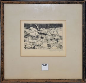 Arnold G. Mountfort (California 1873 - 1942) Flamingo's Etching, image approx. 4 x 6 inches, overall