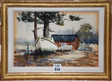 Watercolor, boathouse, signed illegibly lower right, dated 1974, 7 1/4" x 10 3/4" image size, 10