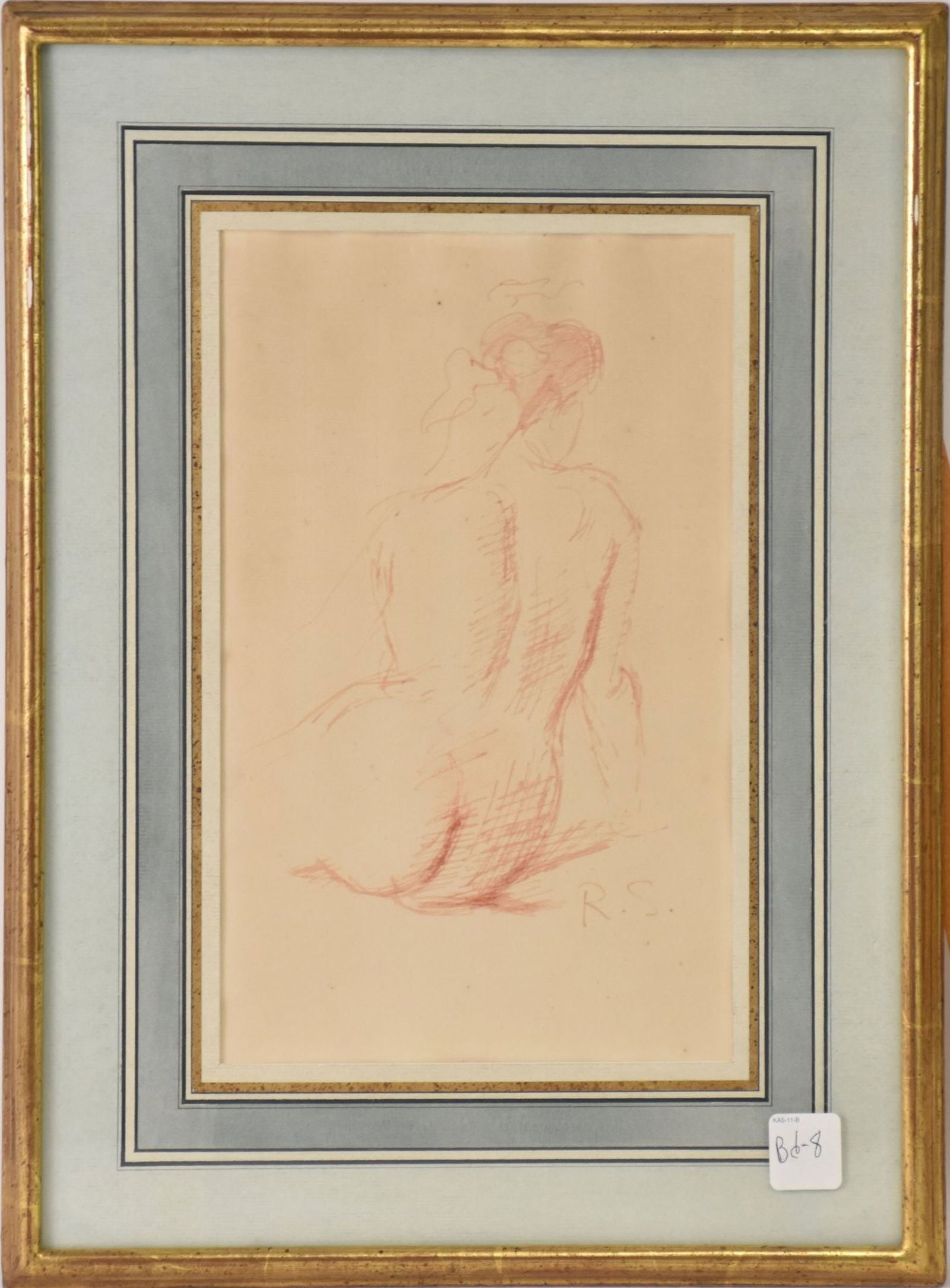 Raphael Soyer (AMERICAN, 1899–1987) sanguine Pen and ink on paper, Back View - nude, signed RS: Raphael Soyer (AMERICAN, 1899–1987) sanguine Pen and ink on paper, Back View - nude, signed RS lower right, Gallery fifty-two South Orange New Jersey label on verso 11" x 7" sight, 17" x 13" overall