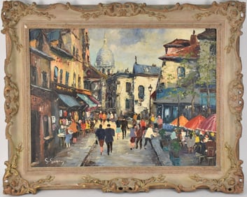 French School Mid Century, Original Oil on canvas painting Signed G. Guerin Paris Street scene