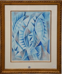 Blue geometric abstract Watercolor 18 x 14 sight size, 26x 21 3/4, no visible signature