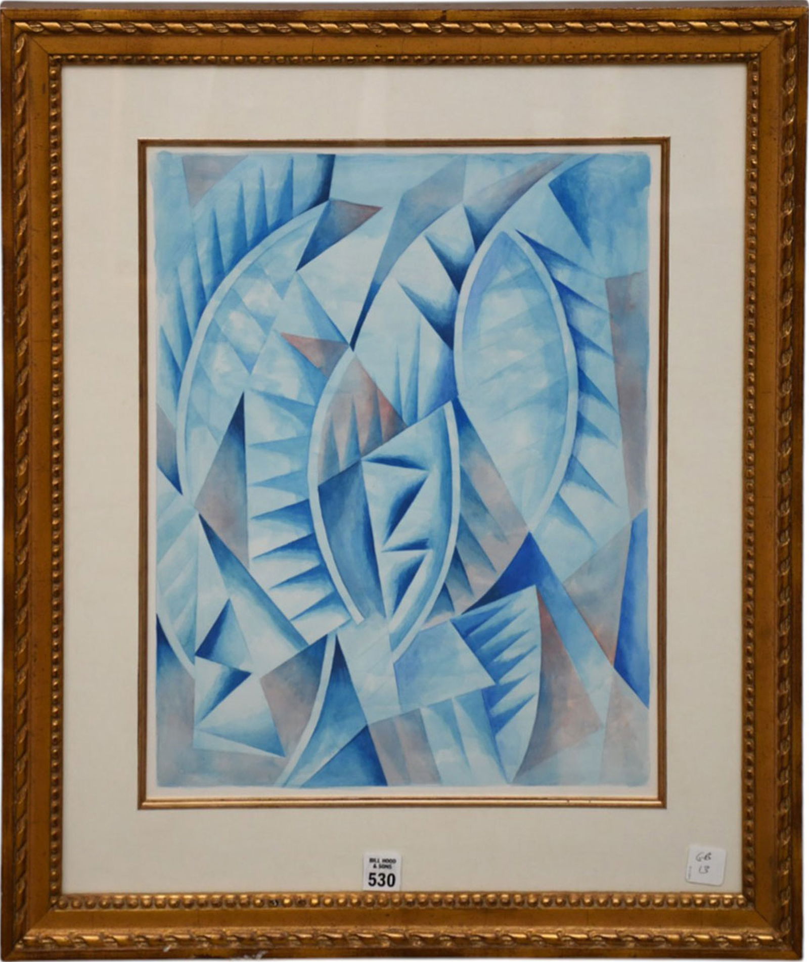 Blue geometric abstract Watercolor 18 x 14 sight size, 26x 21 3/4, no visible signature (1 of 4)