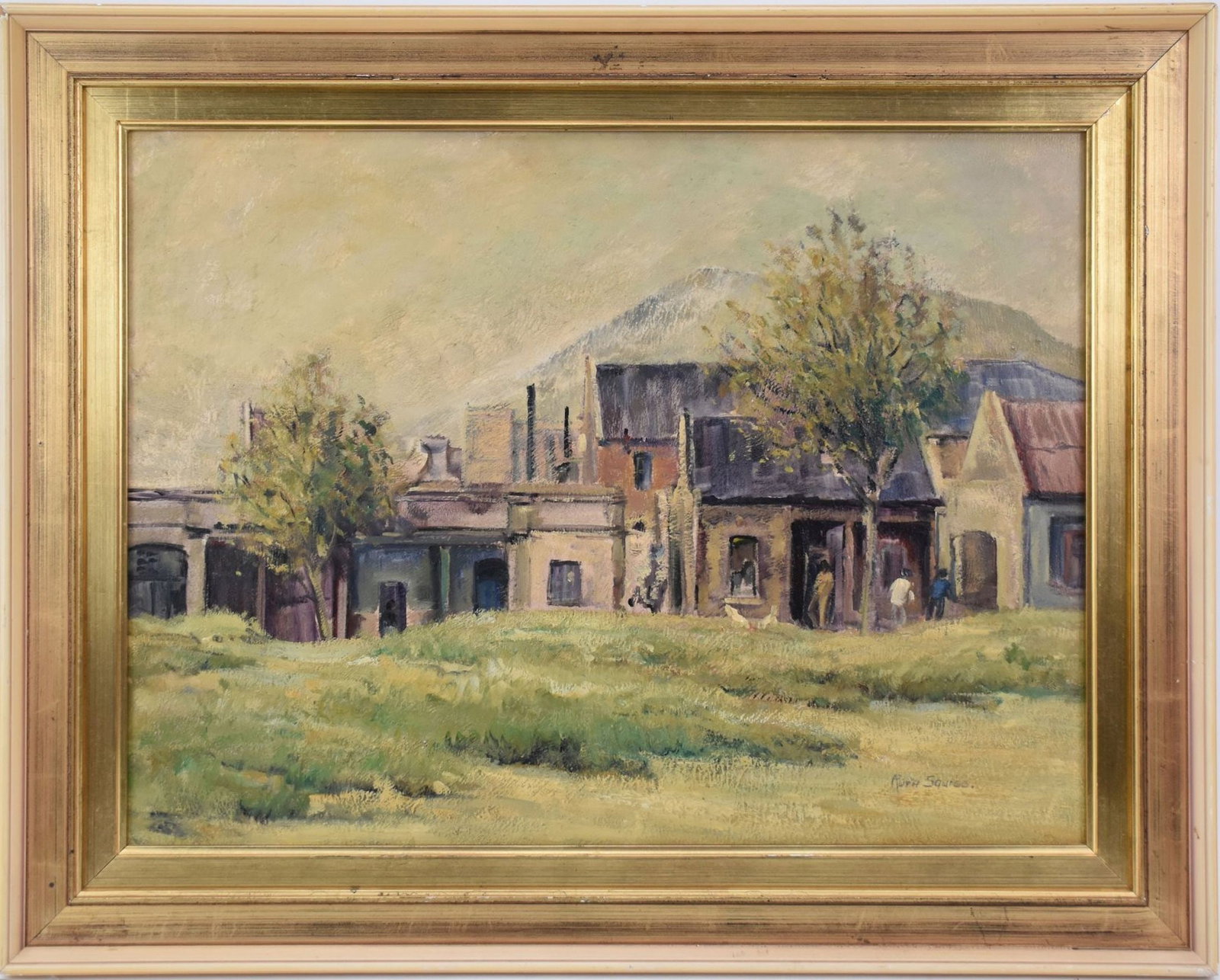 Ruth Squibb (S. Africa b. 1928) Indian Houses in Fordsburg, oil on board, signed lower right.: Ruth Squibb (S. Africa b. 1928) Indian Houses in Fordsburg, oil on board, signed lower right. painting sizes 18 x 24 inches. overall framed size 23 x 29 inches. good condition.