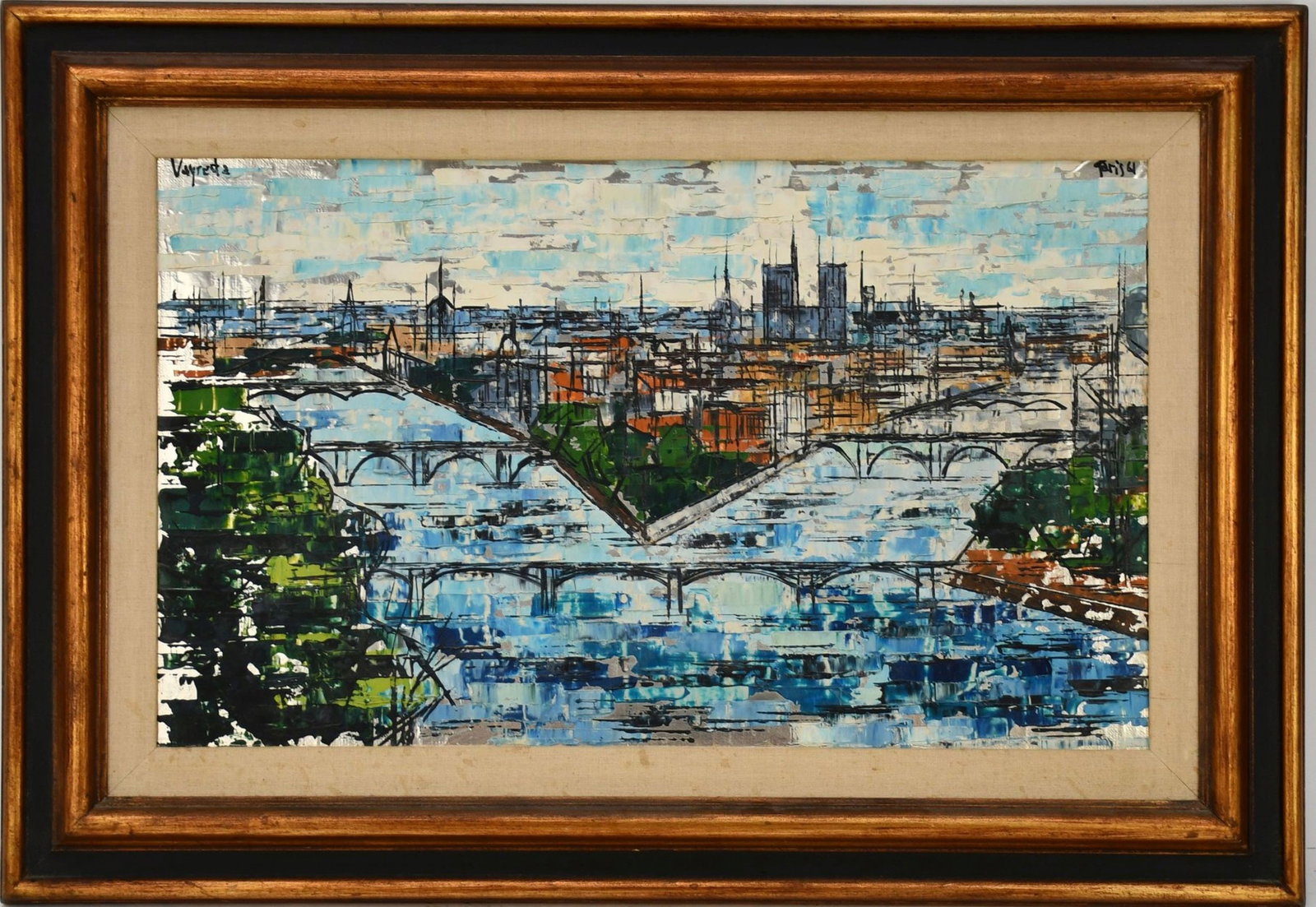 Josep M. Vayreda Canadell (SPANISH, 1932) City Scape, oil on canvas, signed upper left, Paris '61": Josep M. Vayreda Canadell (SPANISH, 1932) City Scape, oil on canvas, signed upper left, Paris '61" upper right, signed "Vayreda" on reverse, 13" x 21 3/4" canvas, 19 1/4" x 27 1/2" overall