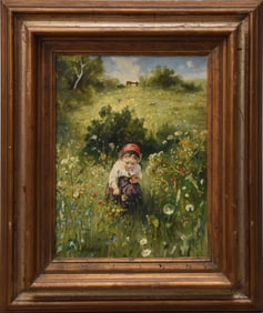 European School oil on canvas signed L.Knaus. Young girl picking flowers. 16 x 12 framed 24 x 20
