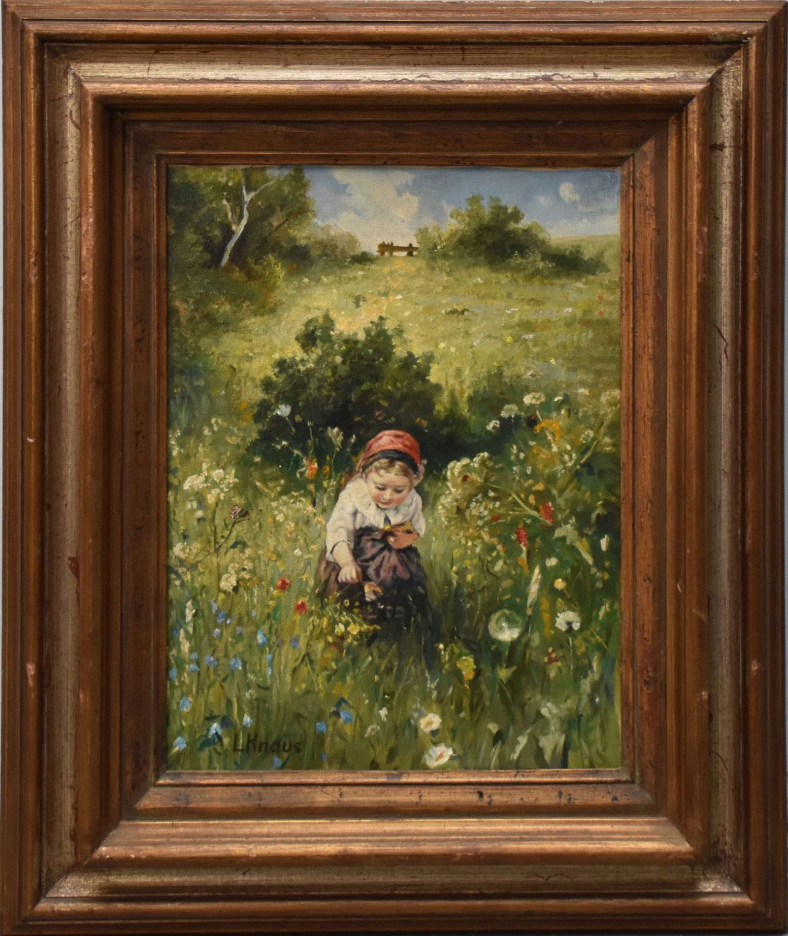 European School oil on canvas signed L.Knaus.  Young girl picking flowers. 16 x 12 framed 24 x 20 (1 of 4)