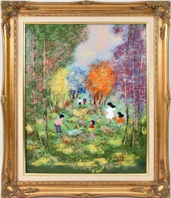LOUIS CARDIN ENAMEL ON COPPER PAINTING: French, 20th century Landscape Painting Kids playing in