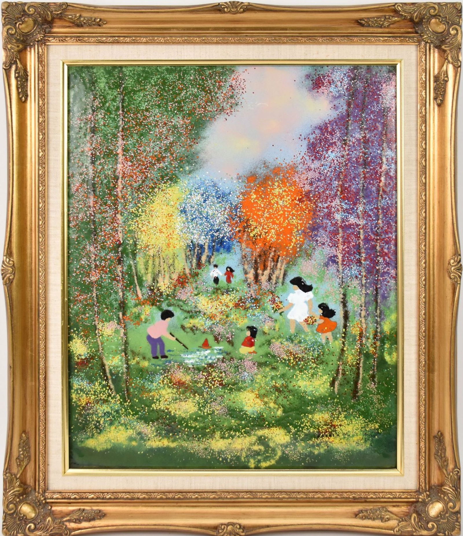 LOUIS CARDIN ENAMEL ON COPPER PAINTING: French, 20th century Landscape Painting Kids playing in (1 of 4)