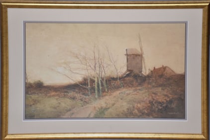 William Tatton Winter (BRITISH, 1855–1928) watercolor on paper, Countryside landscape house and
