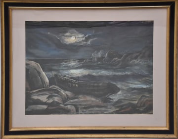 Bob Davis (AMERICAN, 20th Century) Pastel Moonlite Night Sea Scape, small boat run aground, dated