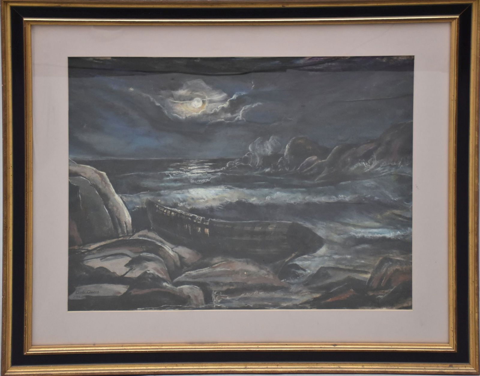 Bob Davis (AMERICAN, 20th Century) Pastel Moonlite Night Sea Scape, small boat run aground, dated: Bob Davis (AMERICAN, 20th Century) Pastel Moonlite Night Sea Scape, small boat run aground, dated 1960, 19"x 24" sight, overall frame 28" x 33"