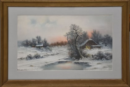 HAROLD MORSE WARD (Sacramento, California 1889-1973) Watercolor on paper, winterscape with cabins