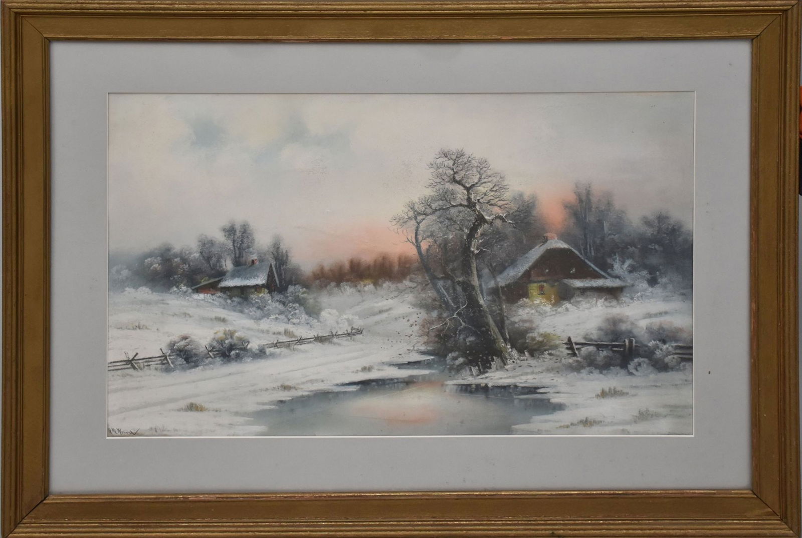HAROLD MORSE WARD (Sacramento, California 1889-1973) Watercolor on paper, winterscape with cabins: HAROLD MORSE WARD (Sacramento, California 1889-1973) Watercolor on paper, winterscape with cabins and trees, signed lower left H.M. Ward, 16 1/2" x 26 1/2" sight, 26" x 36" overall
