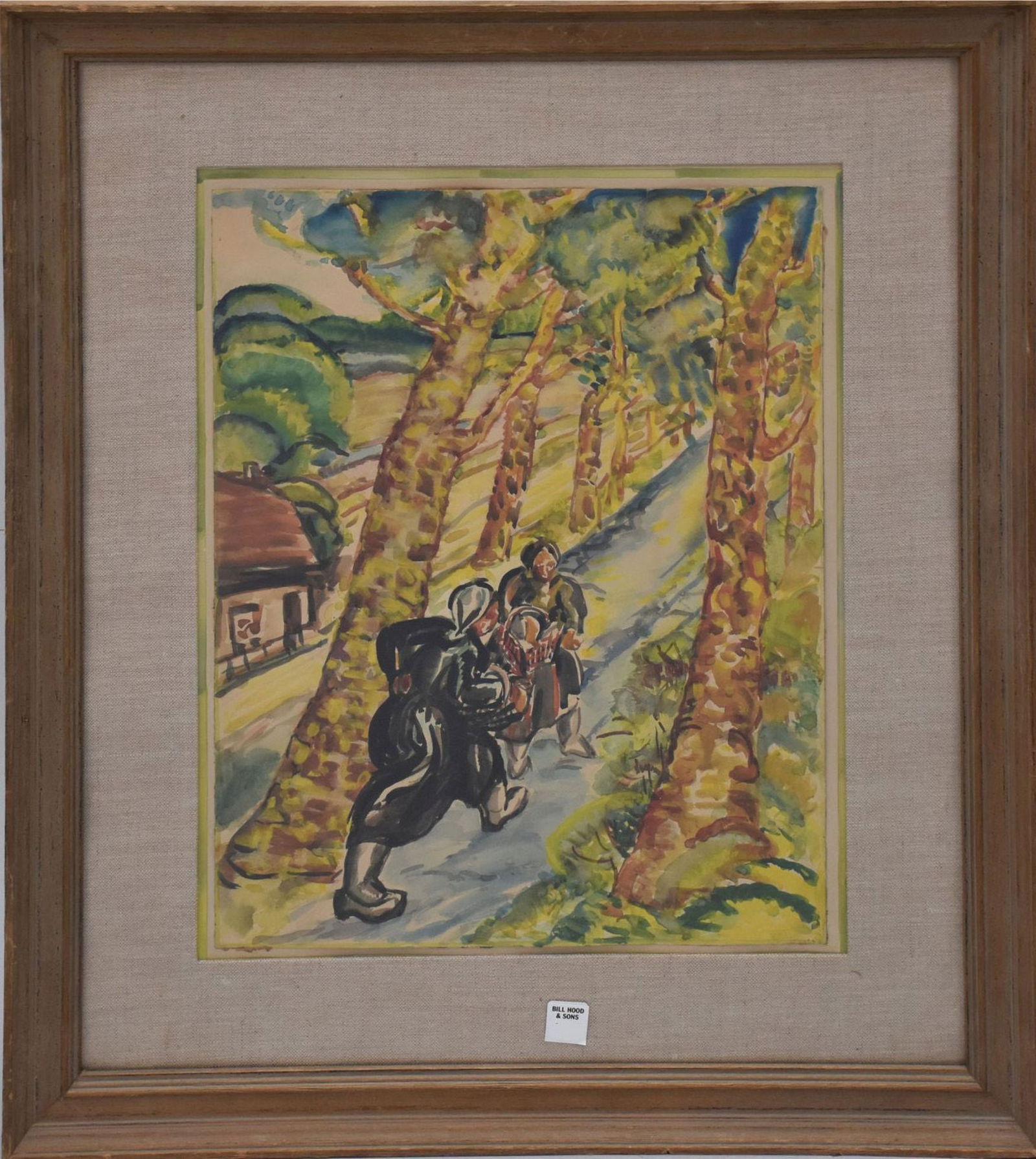 Irene Weir (AMERICAN 1858 - 1944) watercolor on paper, "Peasants at Monet France", label on verso: Irene Weir (AMERICAN 1858 - 1944) watercolor on paper, "Peasants at Monet France", label on verso Hudson ? Valley Art Association Inc 20 1/2" x 16" sight, 30" x 25" overall