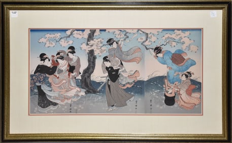 After Utagawa Toyokuni "Flower Drift or Flowers in the wind" Japanese woodblock, tryptic, Gilbert