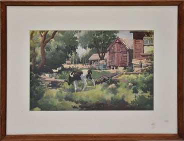 Harold E. Walker (AMERICAN, 1890) watercolor on paper, landscape with barn and cow, signed bottom