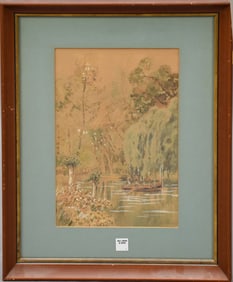Antique French School Watercolor of couple in rowboat on pond with tree's, signed illegibly. 14 x