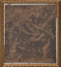 Antique engraving, Jesus crucifixion, After? Giulio Clovio, Frame Size 20 x 15 inches