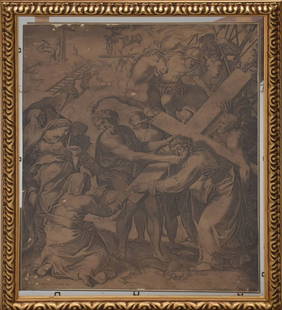 Antique engraving, Jesus crucifixion, After? Giulio Clovio, Frame Size 20 x 15 inches: Antique engraving, Jesus crucifixion, After? Giulio Clovio, Frame Size 20 x 15 inches