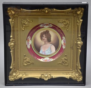Hand painted portrait plate, signed Vettori in Fancy Gilt Frame inside shadowbox Overall size 18" x