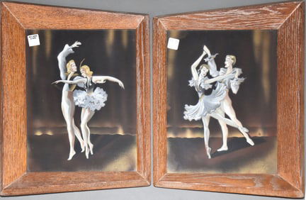 Airbrush on paper, deco scenes, Dancers, in modern deco frames, signed lower right illegibly, 18" x