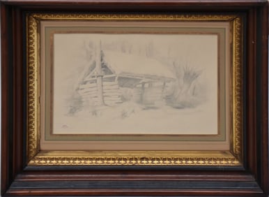 Theodore Valerio (FRENCH, 1819-1879) pencil on paper, cabin in the woods, Stamped lower left "Vente