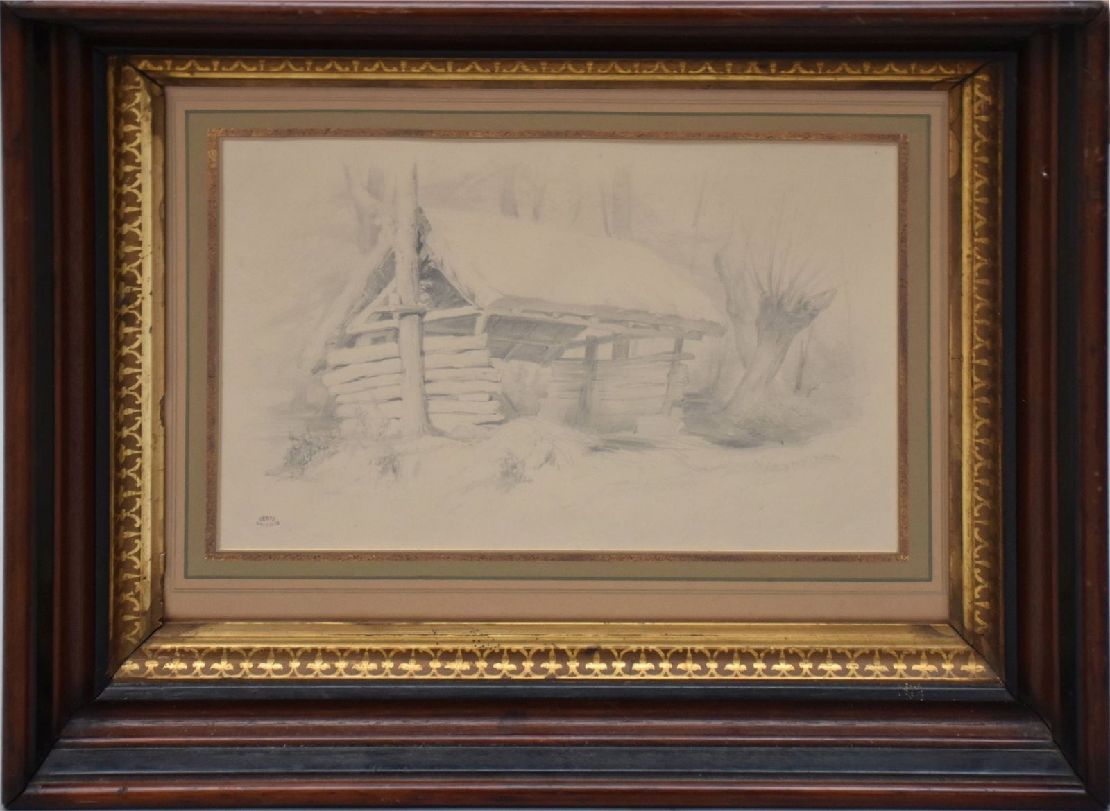Theodore Valerio (FRENCH, 1819-1879) pencil on paper, cabin in the woods, Stamped lower left "Vente: Theodore Valerio (FRENCH, 1819-1879) pencil on paper, cabin in the woods, Stamped lower left "Vente Valerio" 8" x 11 1/2" sight ,15" x 18" overall