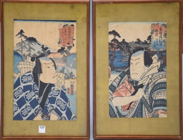 Pair of Antique Japanese woodblock prints of warriors, 14" x 9 1/2" sight, 19 1/2" x 13 1/2" overall