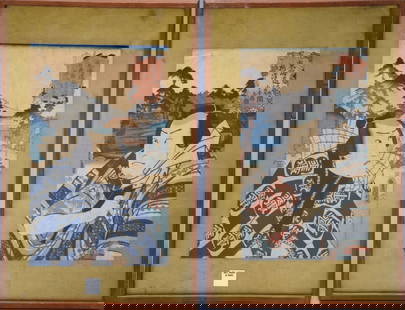 Pair of Antique Japanese woodblock prints of warriors, 14" x 9 1/2" sight, 19 1/2" x 13 1/2" overall: Pair of Antique Japanese woodblock prints of warriors, 14" x 9 1/2" sight, 19 1/2" x 13 1/2" overall