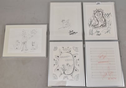 Five American Country Musicians Signed Drawings & Autographs - Group of five framed Country Music