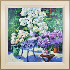 Wendy Taylor (BRITISH, 1945) oil canvas "Patio" 30 x 30 37.5 x 37.5 Ex Island Gallery of 1795