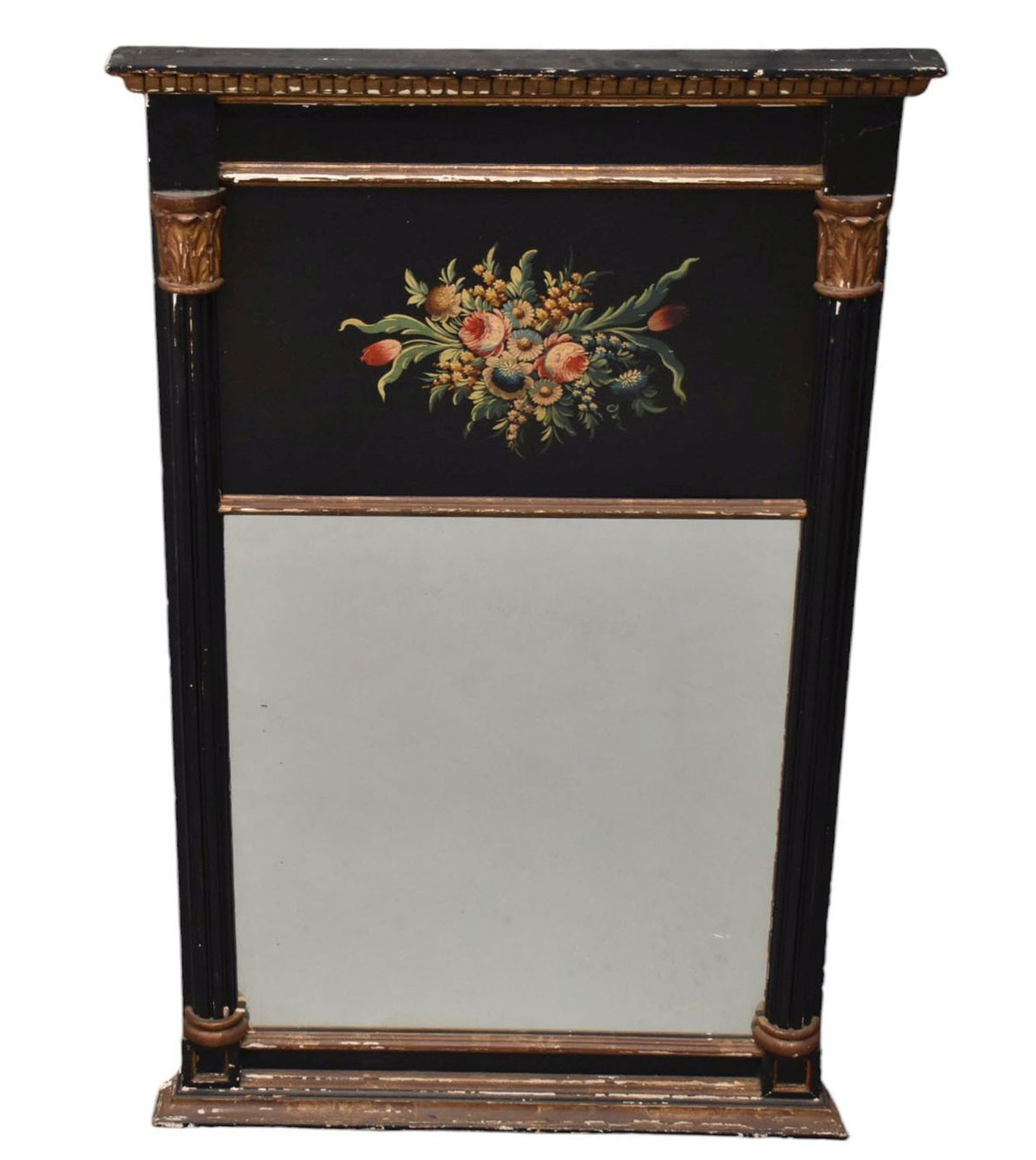 Mirror , Trumeau Style Painted Floral at Top, Reeded Stiles (paint is chipped) 50"H x 32"W: Mirror , Trumeau Style Painted Floral at Top, Reeded Stiles (paint is chipped) 50"H x 32"W