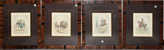 4 French Antique colored Engravings, stamps on bottom paper, impression 11-1/2 x 9-1/2 inches.
