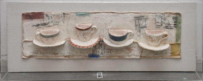 Myron Melnick b.1953 cast paper sculpture of Tea cups Melnick 1985. in shadow acrylic shadow box 15