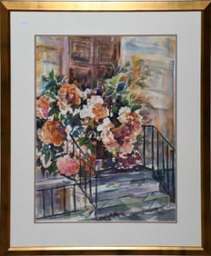 Nina Unger - American 20th Century. Large Watercolor Painting depicting bouquets of flowers on a doo